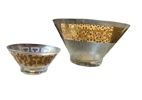 Pair of Gold Accent Greek Key Serving Glass Bowls