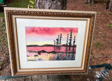 Framed Pink Toned Watercolor Landscape Painting