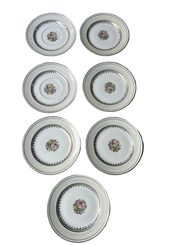 Collection of Vintage Ceramic Floral Plates With Gold Accents- Set of 7