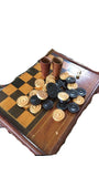 Antique checkerboard. Circa 19c. Wooden inlay and dovetail construction. Wooden pieces