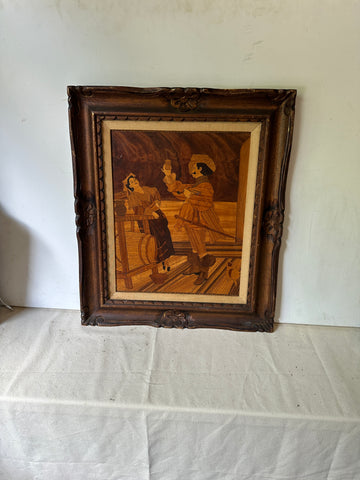 Wooden Marquetry Work of Art Men With Wine Glass