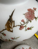 Italian Opaque White Birds and Floral Vase With Lid
