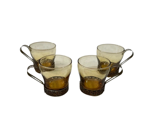 Amber Colored Glasses With Brass Handles and Greek Key Accents- Set of 4