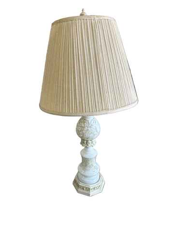 Vintage White Ceramic Table Lamp with Green Floral Accents and Lampshade