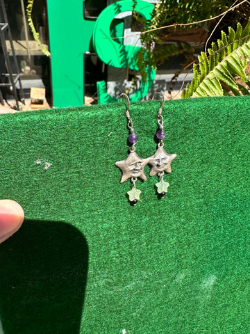 Purple and Teal Beaded Star Face Earrings