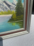 Framed Waterside Mountain Landscape Painting on Canvas, Signed by the Artist