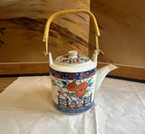 Vintage Asian Style Ceramic Teapot With Wicker Handle