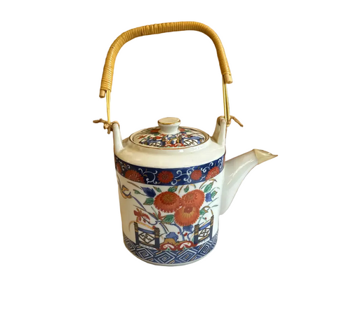Vintage Asian Style Ceramic Teapot With Wicker Handle