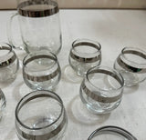 1970s Collection of Small Glasses and Matching Pitcher With Silver Accents- Set of 11