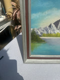 Framed Waterside Mountain Landscape Painting on Canvas, Signed by the Artist