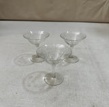 Trio of Small Champagne Glasses With Etched Leaf Details, 1970s