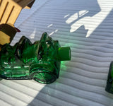 Collection of Green Glass Avon Bottle Cars- Set of 3