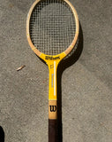 Collection of Vintage Wooden Wilson Tennis Rackets With Cover and Blue and Yellow Accents
