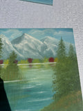 Riverside and Mountains Landscape Painting With Colorful Bushes on Canvas