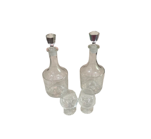 Pair of Crystal Glass Decanters and Cognac Glasses- Set of 4