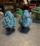 Vintage Pair of Blue Ceramic Salt and Pepper Shakers With Fruit and Vine Details