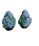 Vintage Pair of Blue Ceramic Salt and Pepper Shakers With Fruit and Vine Details