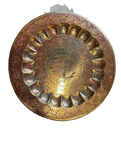 Vintage Brass Tray With Red Peacock Accents
