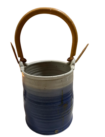 Vintage Blue Ombré Pottery Planter with Wicker Handle