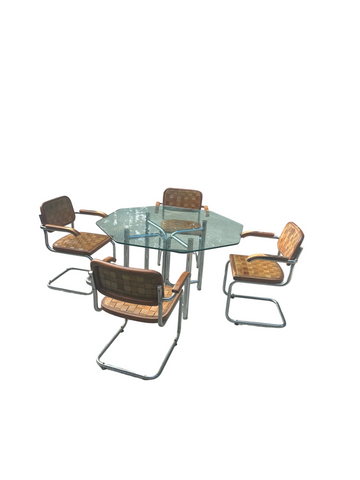 Vintage Chrome and Woven Leather Dining Set With Geometric Glass Top