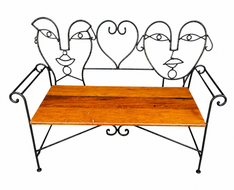 Vintage Metal and Wooden Jon Risley Figurative Bench