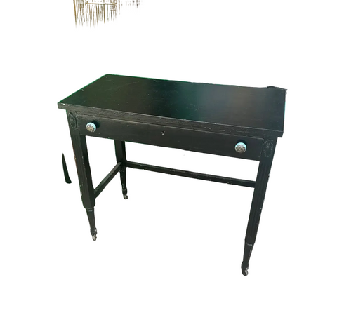 Simple Black Vintage Desk on Wheels With Turquoise and Silver Knobs