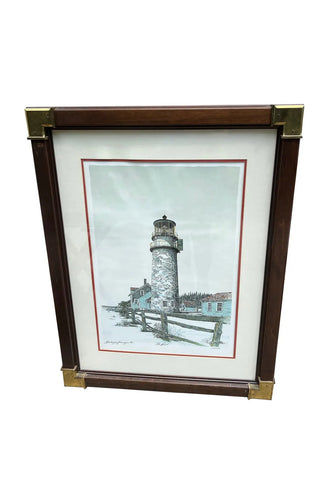 1970s Signed Lighthouse Lithograph in Frame With Brass Corners, New York