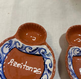 Pair of Spanish Olive Serving Dishes With Blue and White Accents