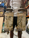 Pair of Glass Pendant Lights With Floral and Brass Accents
