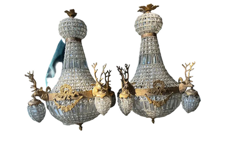 Pair of Gold Deer Head Hollywood Regency Chandeliers