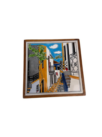 Hand Painted Italian Tile With Wall Hanging in Wooden Frame