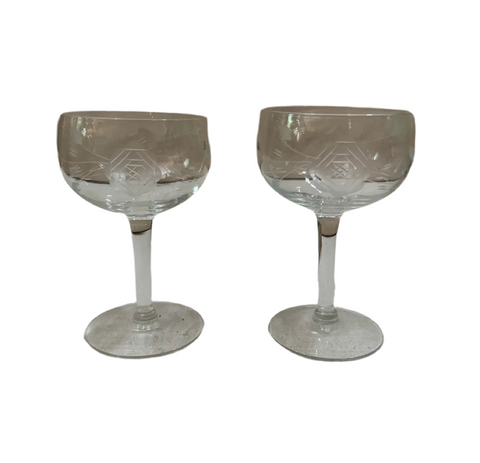 Pair of 1970s Champagne Glasses With Geometric Rose Designs