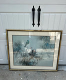 Signed Painting of Bird and Foliage in Gold Bamboo Frame