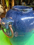 Oversized Blue Ceramic Vase With Metal Ears