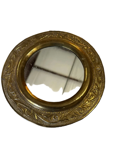 1970s Brass Edged Petite Mirror With Reticulated Frame