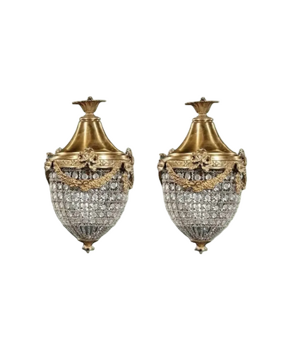 Pair of Crystal and Gold, Bow and Garland Pendant Chandeliers