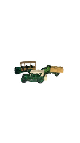 Collection of Green Glass Avon Bottle Cars- Set of 3
