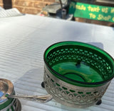 Trio of Green Glass and Silver Serving Pieces