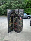 Vintage Black Hand Painted Screen With Floral and Textile Details