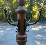Vintage MCM Tall Wooden Coat Rack With Brass Hooks