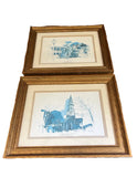 Pair of Blue and White Church Prints, Signed and Framed