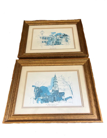 Pair of Blue and White Church Prints, Signed and Framed
