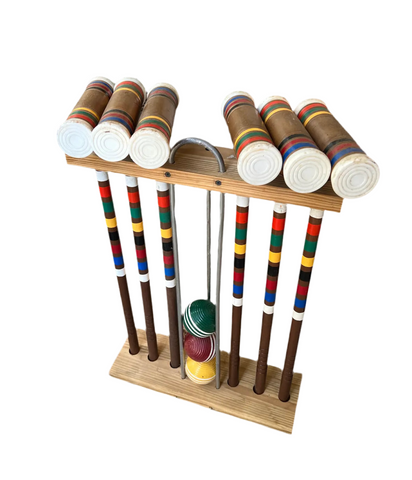 Vintage Wooden Croquet Game Set and Holder- 10 Pieces
