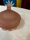Art Deco Frosted Pink Depression Glass Catchall and Lid With Bust Details