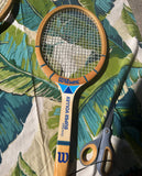 Vintage Collection of Wilson Wooden Tennis Rackets With Blue Accents, Cover, and Guard