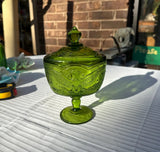 Green Glass Eagle Pedestal Dish With Matching Lid