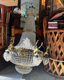 Vintage Extra Large Gold and Crystal Deer Head 18-Light Chandelier
