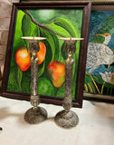 Pair of Silver Tall Etched Candleholders