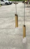 Pair of Hand Hammered Gold Tube Hanging Crystal Pendant Lights