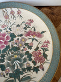 Asian Ceramic Pink and Teal Plates with Gold Rims and Floral Accents